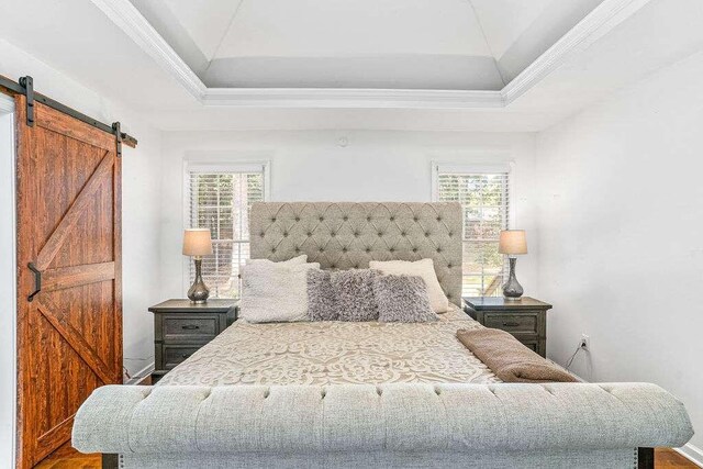 bedroom featuring multiple windows, hardwood / wood-style flooring, and a raised ceiling