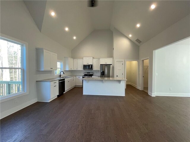 3605 Garden Lakes Pkwy NW, Rome, GA 30165 - kitchen featuring appliances with stainless steel finishes, high vaulted ceiling, a kitchen island, a sink, and white cabinets