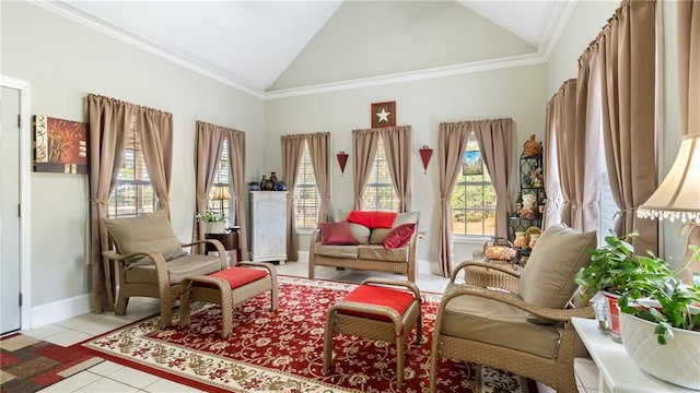 living area featuring light tile patterned floors, high vaulted ceiling, and ornamental molding