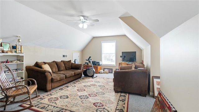 living room with ceiling fan, carpet, and lofted ceiling