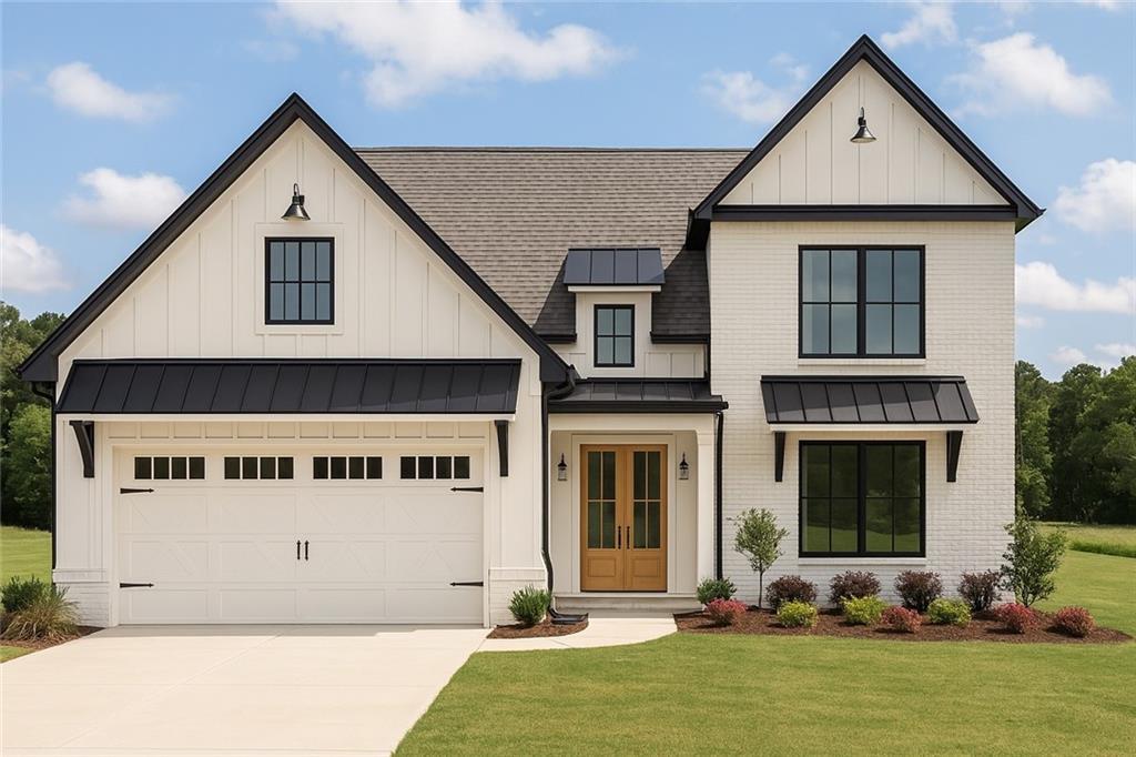 500 Level Creek Rd, Sugar Hill, GA 30518 - modern farmhouse featuring a shingled roof, brick siding, french doors, a front lawn, and a standing seam roof