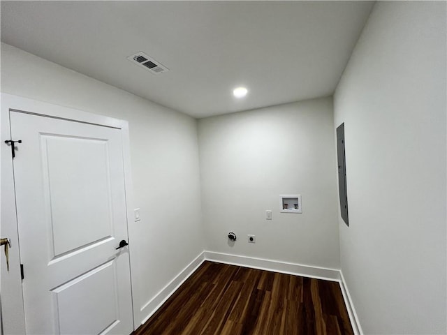 laundry room with hookup for an electric dryer, baseboards, visible vents, hookup for a washing machine, and dark wood-type flooring