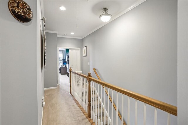 corridor featuring crown molding and light colored carpet