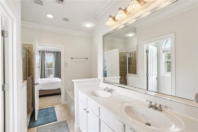 bathroom featuring vanity, crown molding, tile patterned flooring, and an enclosed shower