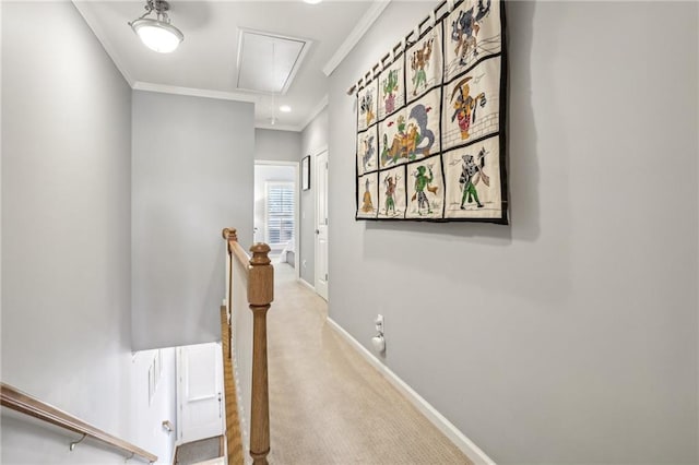 hallway with light carpet and crown molding