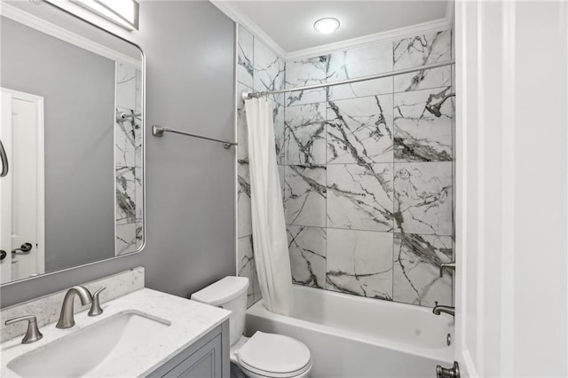 full bathroom with vanity, toilet, crown molding, and shower / tub combo with curtain