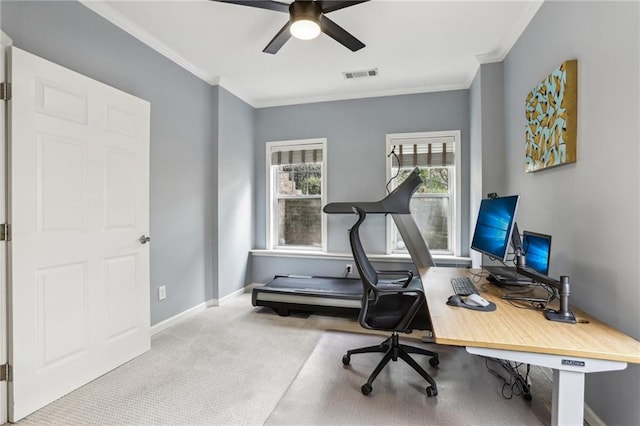 office with light carpet, crown molding, and ceiling fan