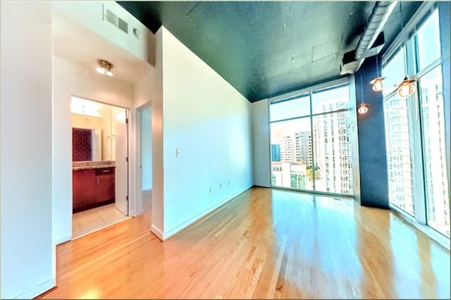 empty room featuring floor to ceiling windows and hardwood / wood-style flooring