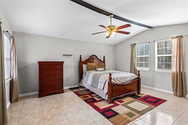 bedroom featuring a ceiling fan, lofted ceiling with beams, baseboards, and light tile patterned floors