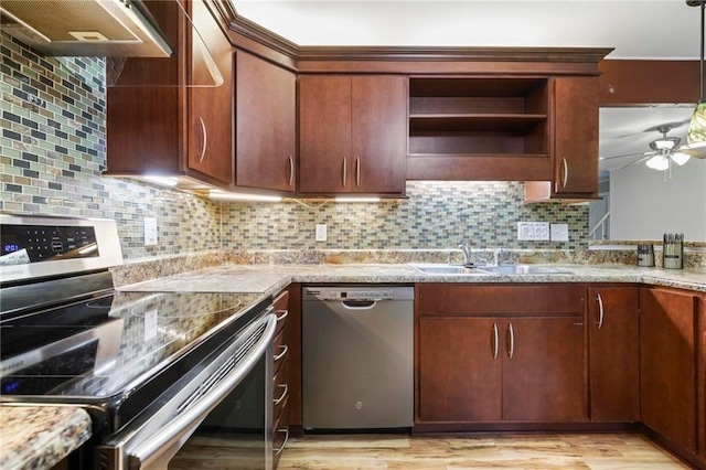 kitchen with open shelves, a sink, stainless steel appliances, a ceiling fan, and under cabinet range hood