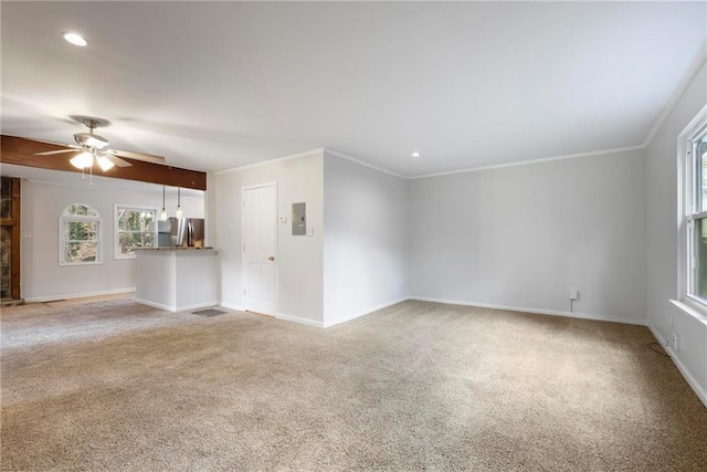 unfurnished living room with light colored carpet, a wealth of natural light, and electric panel