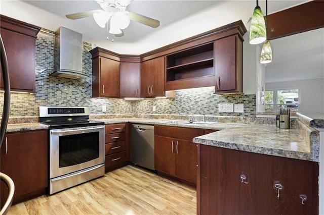 kitchen featuring wall chimney range hood, appliances with stainless steel finishes, decorative backsplash, and open shelves