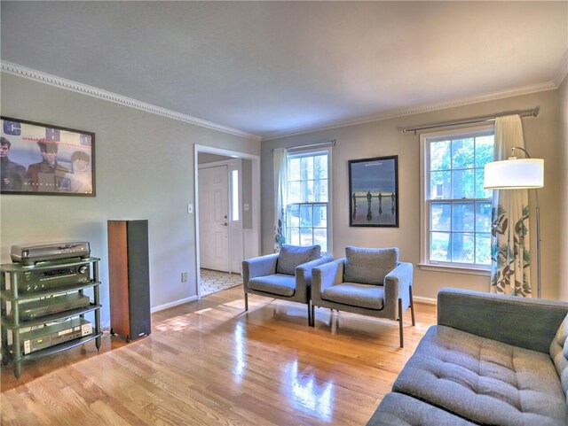 living room featuring baseboards, ornamental molding, wood finished floors, and a wealth of natural light