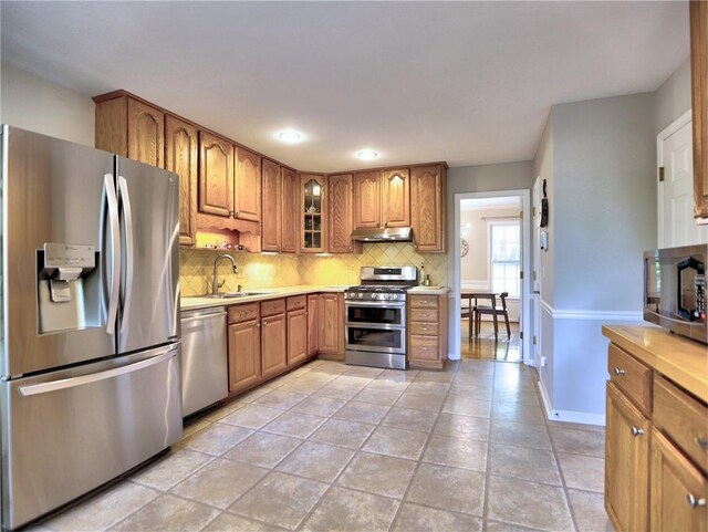 kitchen with a sink, light countertops, stainless steel appliances, and under cabinet range hood