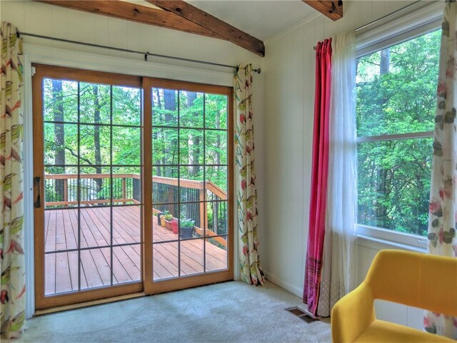 doorway to outside featuring carpet flooring, visible vents, and a wealth of natural light
