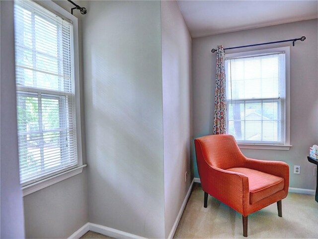 living area with baseboards and carpet