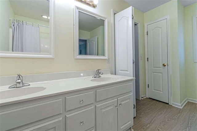 bathroom with wood-type flooring and vanity