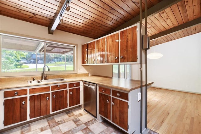 3861 Foxford Dr, Atlanta, GA 30340 - kitchen featuring a sink, stainless steel dishwasher, wooden ceiling with exposed beams, and light countertops