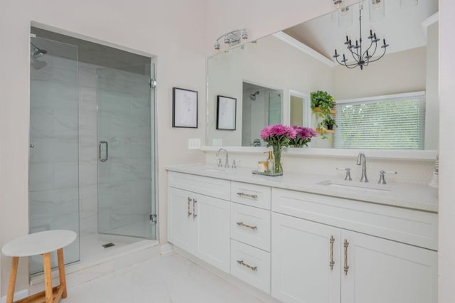 2045 Bethany Spring Trce, Cumming, GA 30041 - bathroom featuring marble look tile flooring, a shower stall, a chandelier, and double vanity