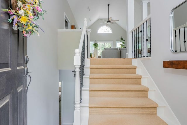 2045 Bethany Spring Trce, Cumming, GA 30041 - staircase featuring a ceiling fan and vaulted ceiling