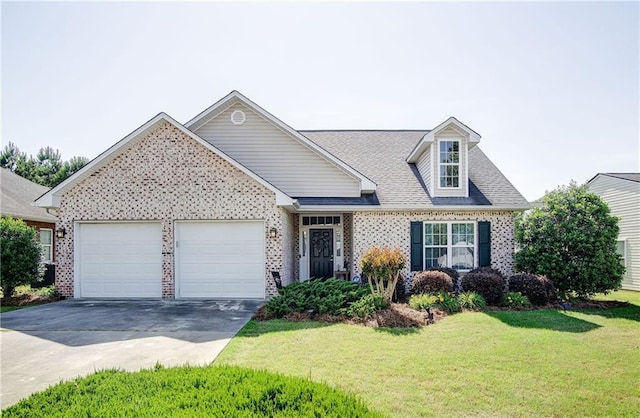 view of front of property with driveway, a garage, a front lawn, and brick siding