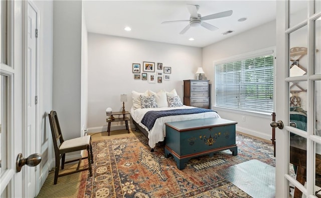 bedroom featuring visible vents, baseboards, ceiling fan, and recessed lighting