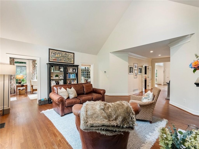 350 Fountain Oaks Ln, Atlanta, GA 30342 - living area with high vaulted ceiling, wood finished floors, and crown molding