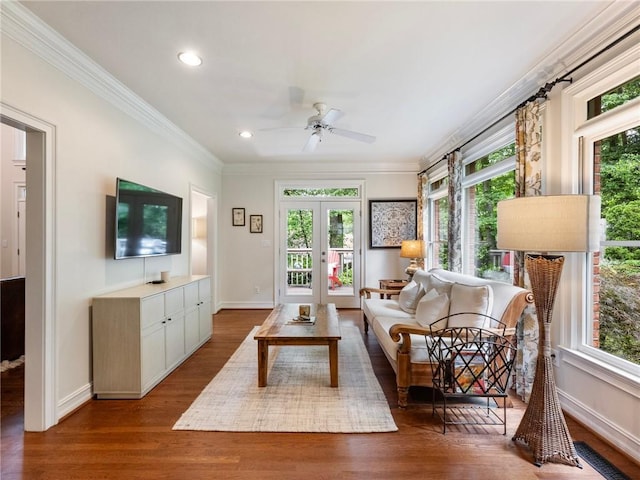 350 Fountain Oaks Ln, Atlanta, GA 30342 - living room with crown molding, healthy amount of natural light, dark wood-style flooring, recessed lighting, and french doors