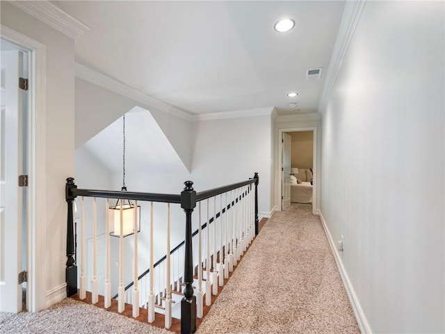 350 Fountain Oaks Ln, Atlanta, GA 30342 - hall with carpet, recessed lighting, ornamental molding, and an upstairs landing
