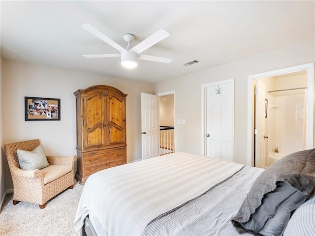 350 Fountain Oaks Ln, Atlanta, GA 30342 - bedroom featuring light carpet, ceiling fan, and ensuite bath