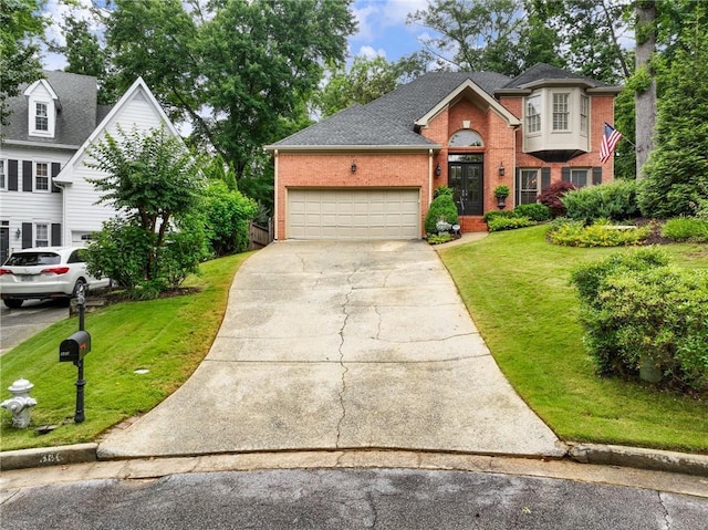350 Fountain Oaks Ln, Atlanta, GA 30342 - traditional-style house featuring brick siding, concrete driveway, a garage, a front lawn, and a shingled roof