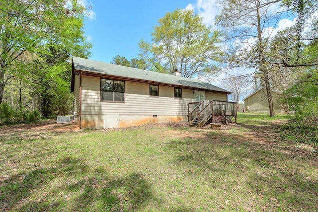 798 Tommy Lee Cook Rd, Palmetto, GA 30268 - back of property with a chimney, a deck, a lawn, and stairway