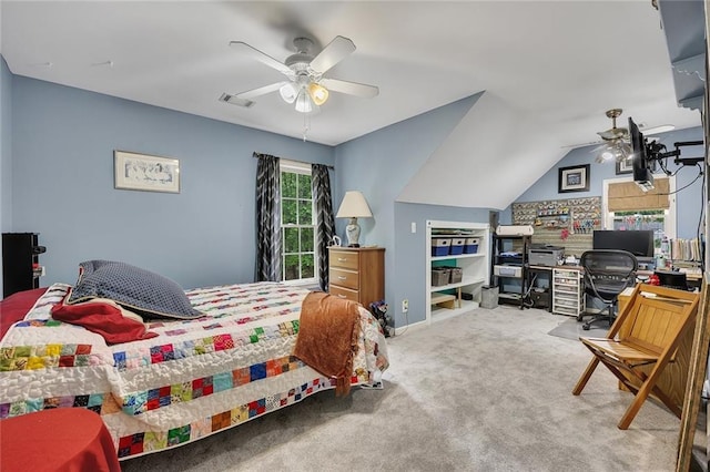 bedroom with visible vents, carpet flooring, and a ceiling fan