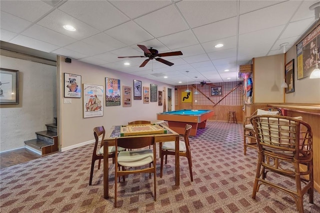 playroom with carpet floors, wood walls, billiards, and a paneled ceiling