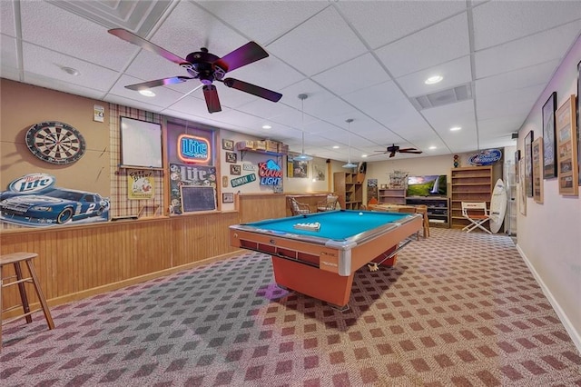 game room featuring pool table, a ceiling fan, carpet flooring, and a paneled ceiling