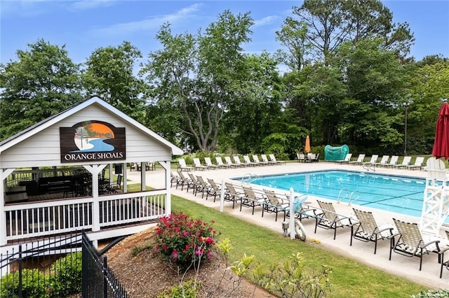 pool with fence and a patio area