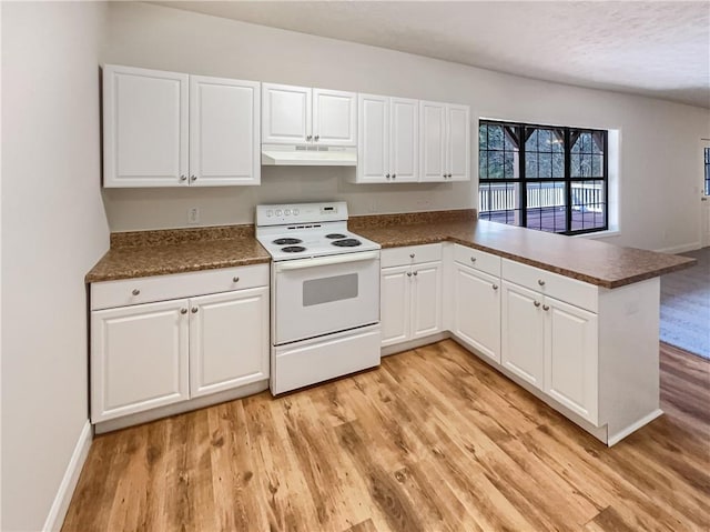 kitchen featuring under cabinet range hood, electric range, and white cabinets