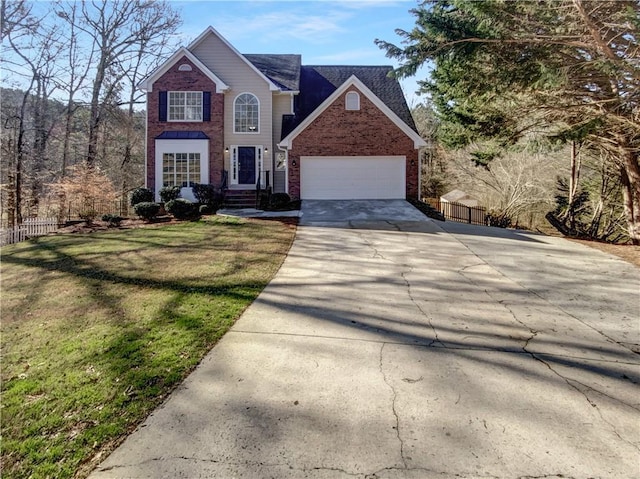 view of front of house with brick siding, an attached garage, and fence