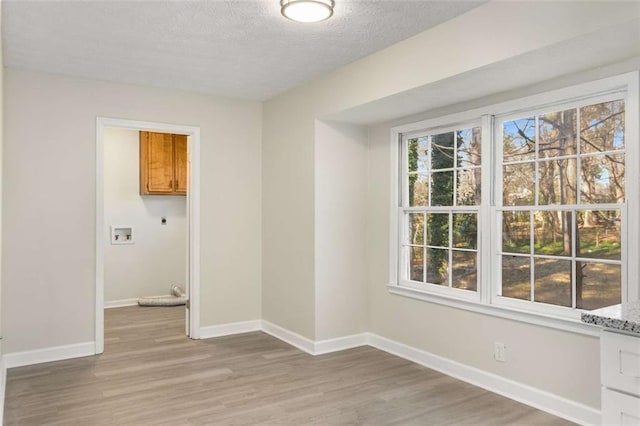 empty room featuring light wood-style floors, a textured ceiling, baseboards, and a wealth of natural light