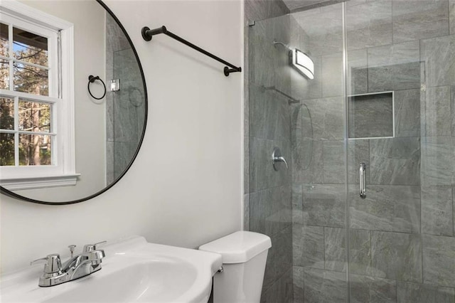 full bath featuring a stall shower, a wealth of natural light, a sink, and toilet