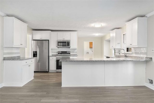 kitchen with decorative backsplash, light stone counters, a peninsula, stainless steel appliances, and a sink