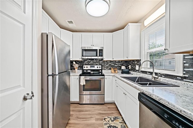 200 High Creek Dr, Roswell, GA 30076 - kitchen featuring white cabinets, a sink, light wood-type flooring, appliances with stainless steel finishes, and backsplash