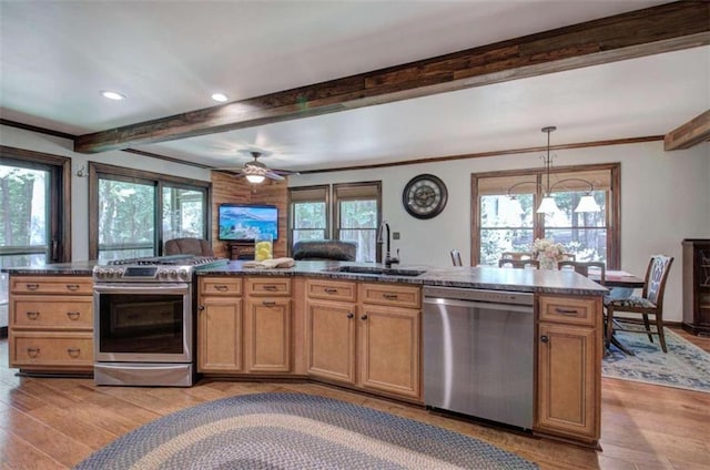 kitchen with pendant lighting, stainless steel appliances, light wood-type flooring, and plenty of natural light