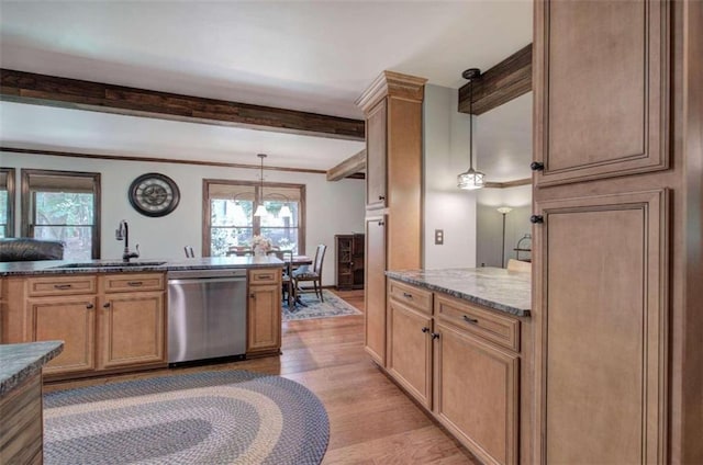 kitchen featuring dishwasher, beamed ceiling, light hardwood / wood-style flooring, sink, and decorative light fixtures