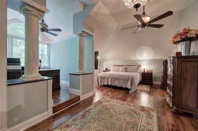 bedroom featuring ceiling fan, lofted ceiling, dark hardwood / wood-style flooring, and ornamental molding