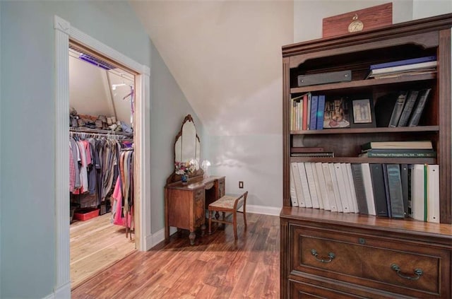 interior space featuring hardwood / wood-style flooring and lofted ceiling