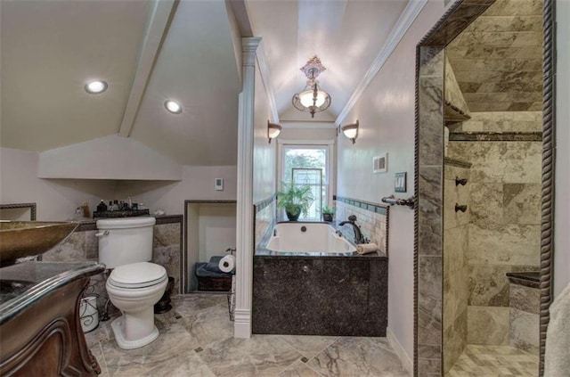 full bathroom with toilet, crown molding, plus walk in shower, and vanity