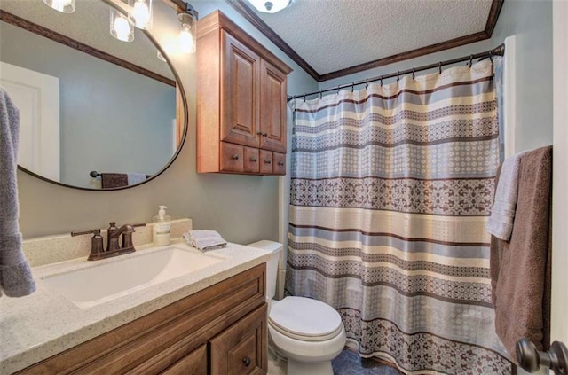 bathroom with vanity, ornamental molding, a textured ceiling, and toilet