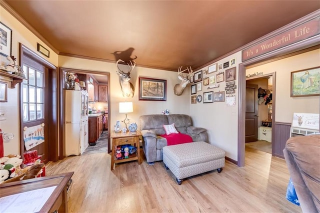 living room with ornamental molding and light hardwood / wood-style flooring