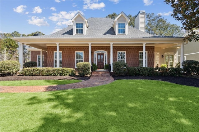 view of front of home with a front lawn, brick siding, and a chimney